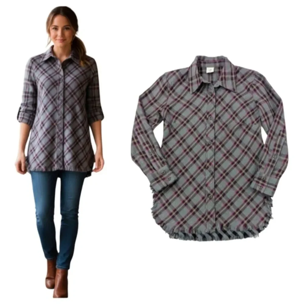 Cabi Highland Flannel Gray Purple Plaid Button Down Tunic Shirt Long Sleeve XS - Picture 1 of 10